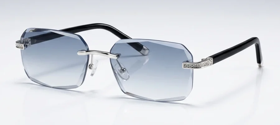 BlueLume auto adjusting glasses, rimless frame with light blue photochromic lenses and black temple tips