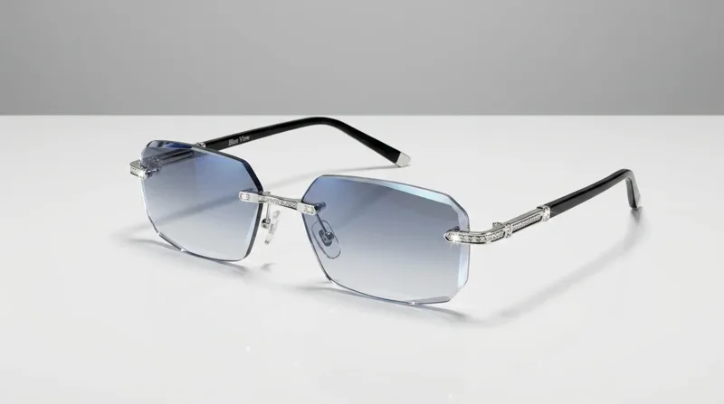 BlueLume glasses rimless frame with tinted lenses on a white table